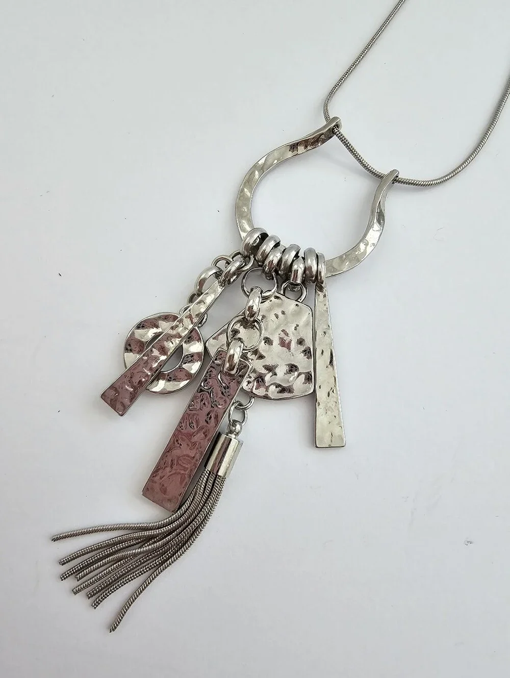 Mixed Metal Hammered Geometric Charm & Tassel Adjustable Long Pendant Necklace​